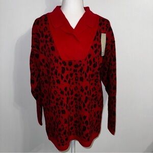 NWT Anne Klein knit wear wool Red Leopard Sweater size medium